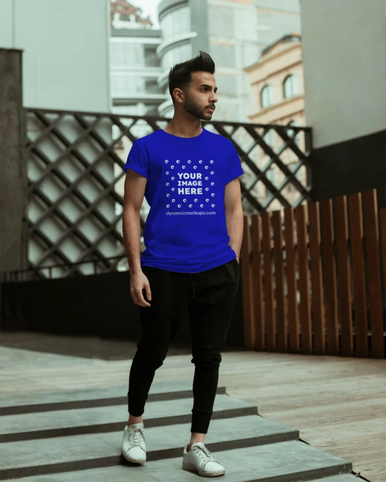 Man Wearing Blue T-shirt Mockup Front View Template