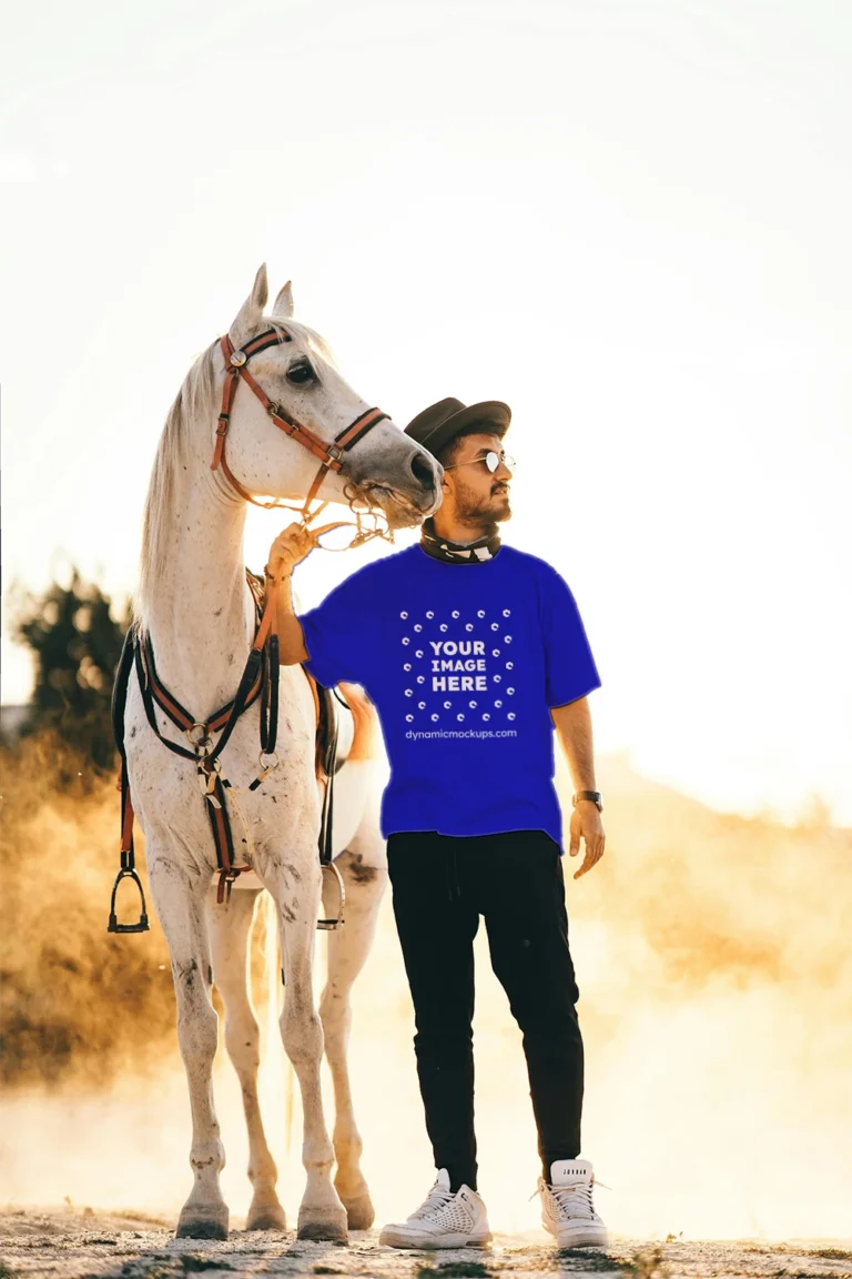 Man Wearing Blue T-shirt Mockup Front View Template