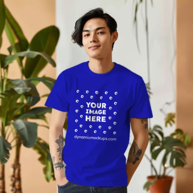 Man Wearing Blue T-shirt Mockup Front View Template