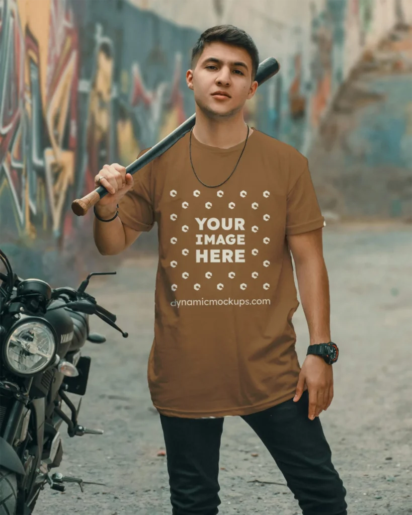 Man Wearing Brown T-shirt Mockup Front View Template