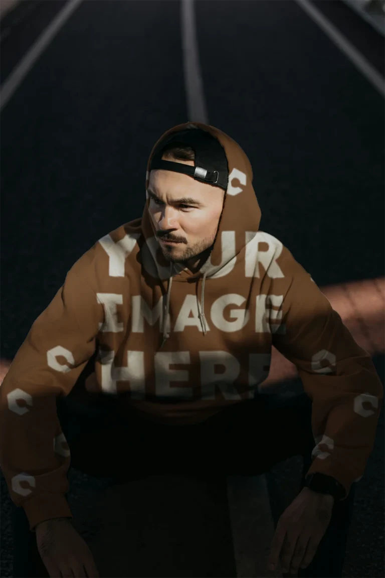Man Wearing Brown Hoodie Mockup Front View Template