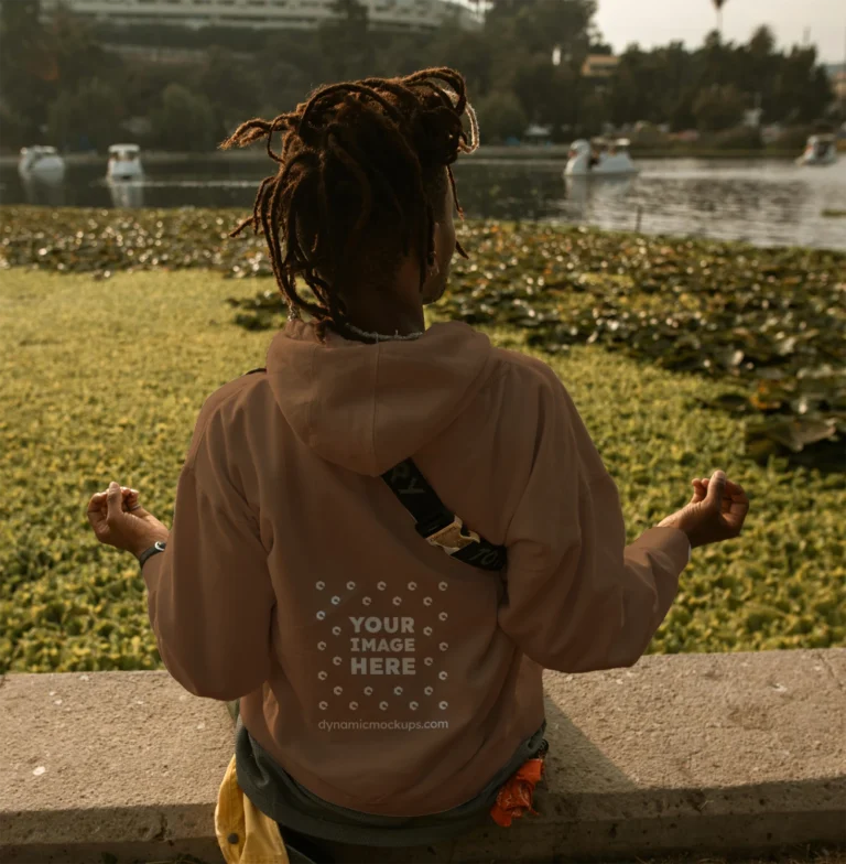 Man Wearing Brown Hoodie Mockup Back View Template