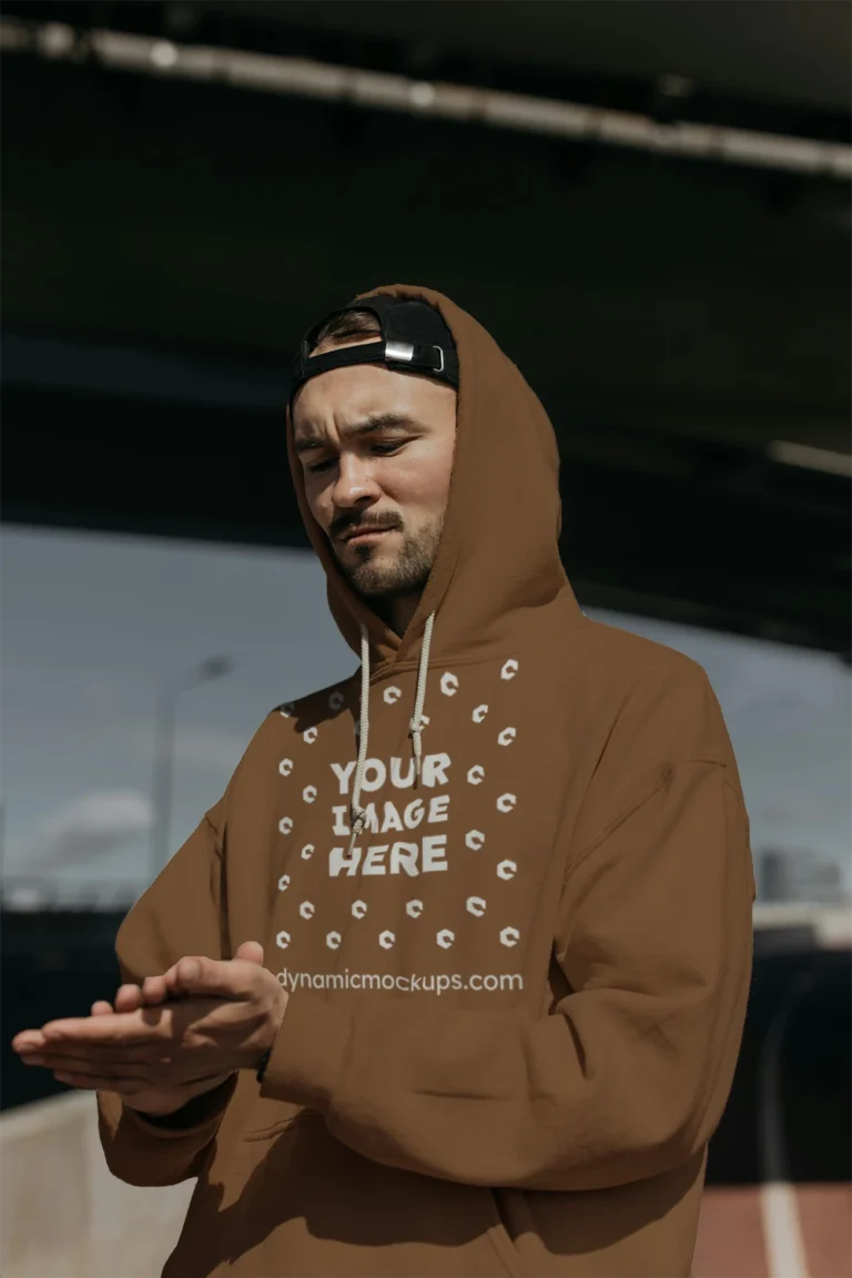 Man Wearing Brown Hoodie Mockup Front View Template
