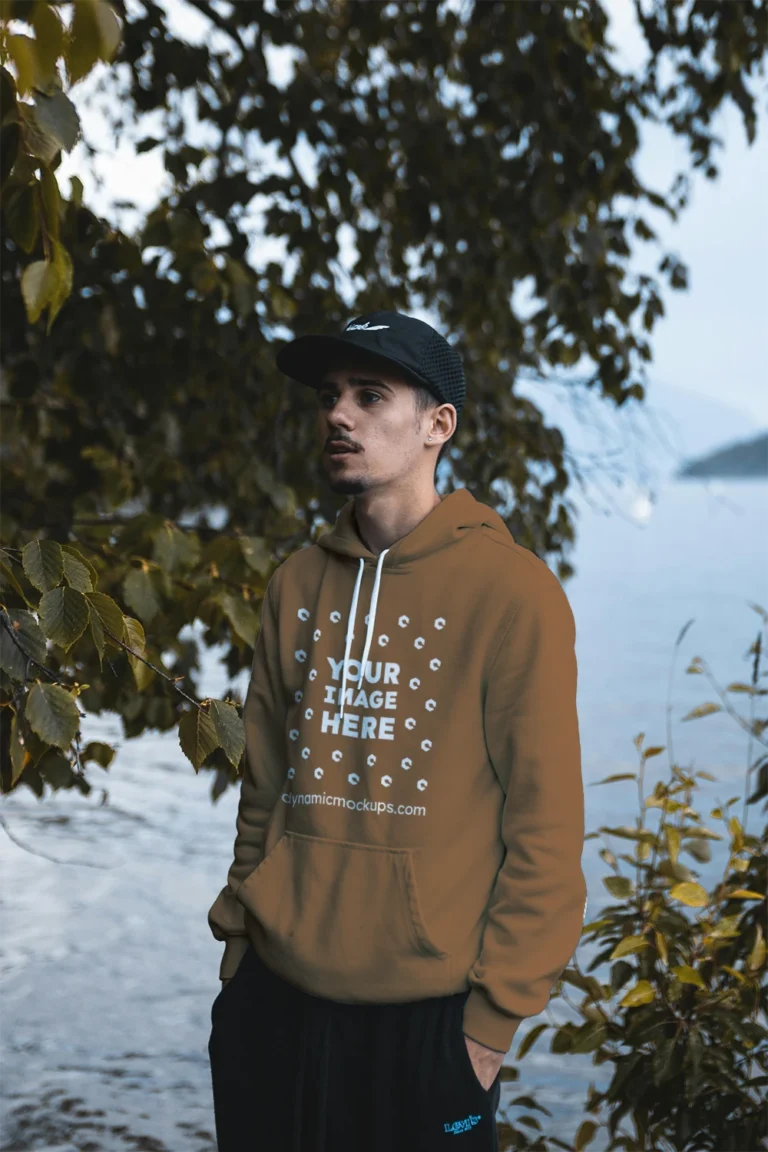 Man Wearing Brown Hoodie Mockup Front View Template