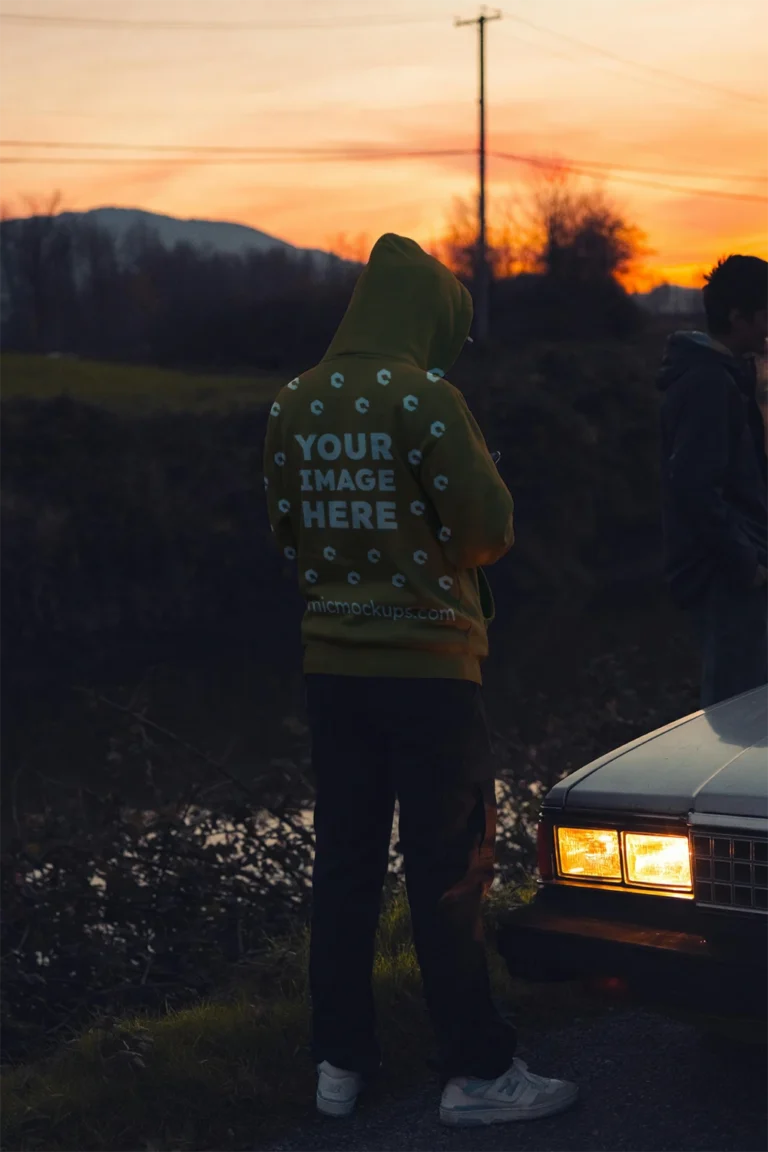 Man Wearing Brown Hoodie Mockup Back View Template