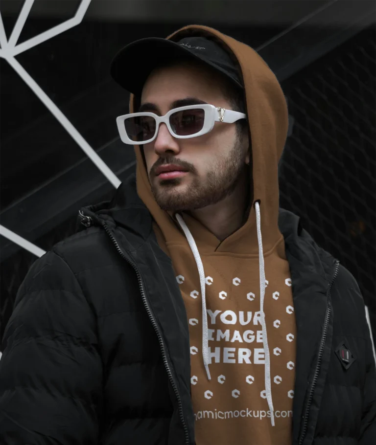 Man Wearing Brown Hoodie Mockup Front View Template