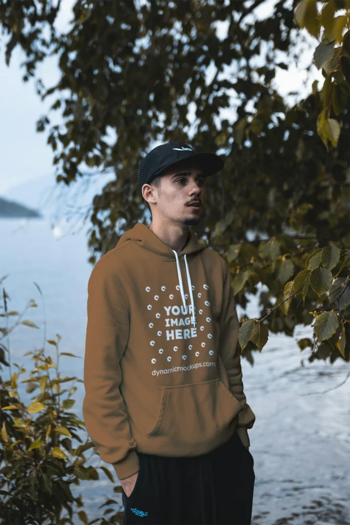 Man Wearing Brown Hoodie Mockup Front View Template