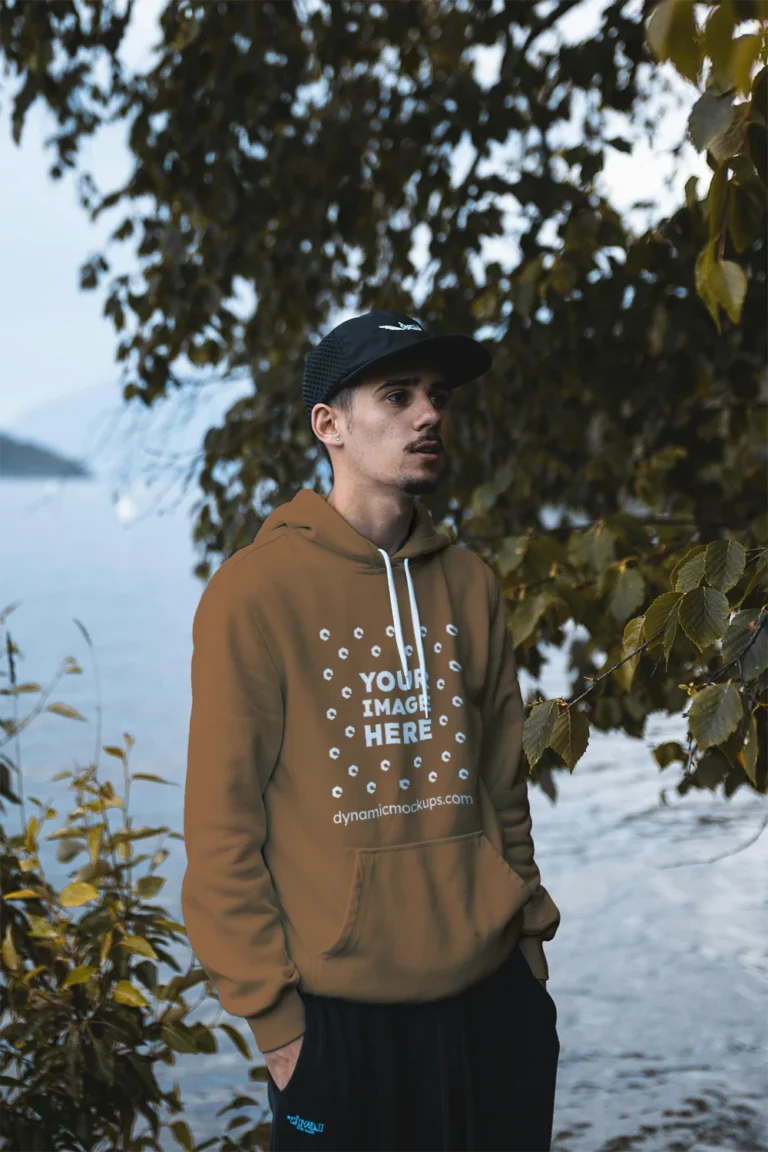 Man Wearing Brown Hoodie Mockup Front View Template