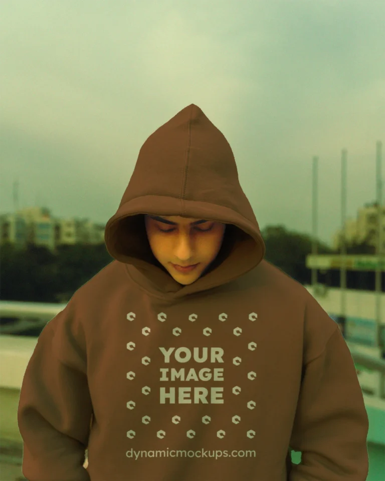 Man Wearing Brown Hoodie Mockup Front View Template