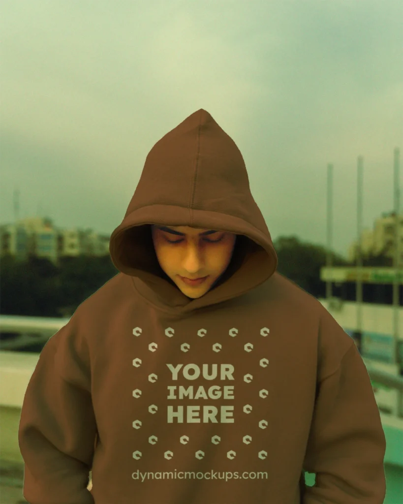 Man Wearing Brown Hoodie Mockup Front View Template