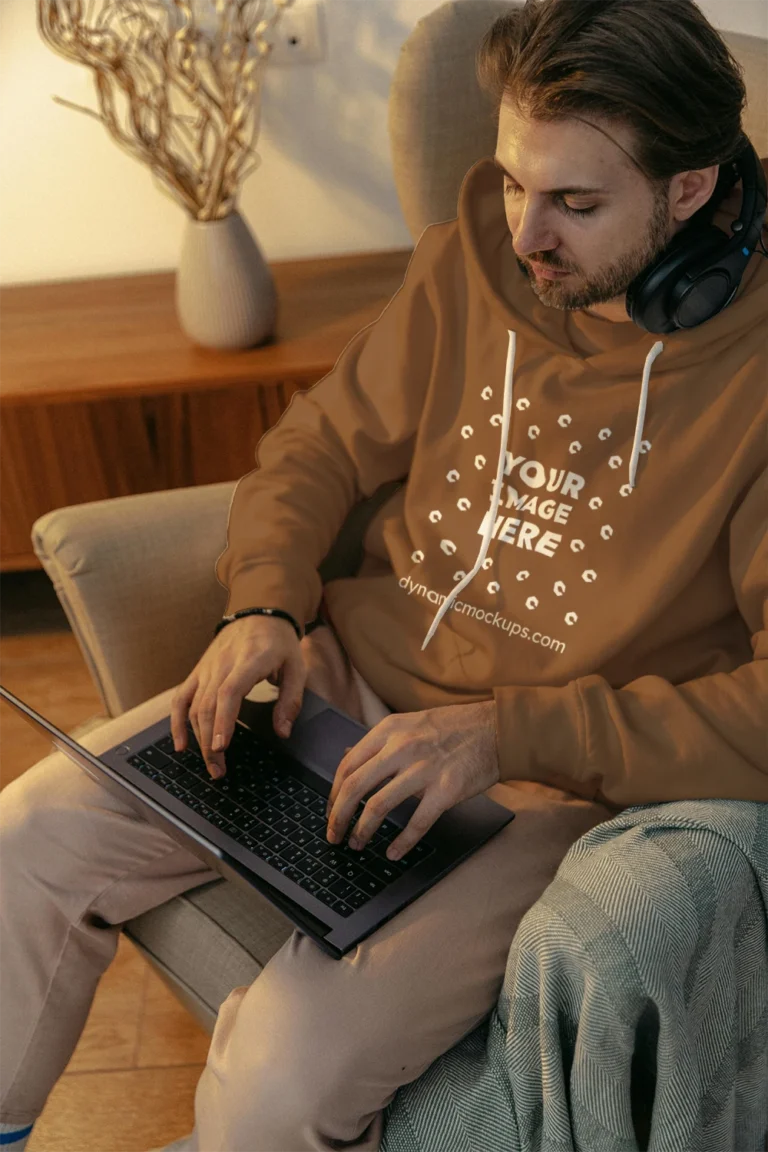Man Wearing Brown Hoodie Mockup Front View Template