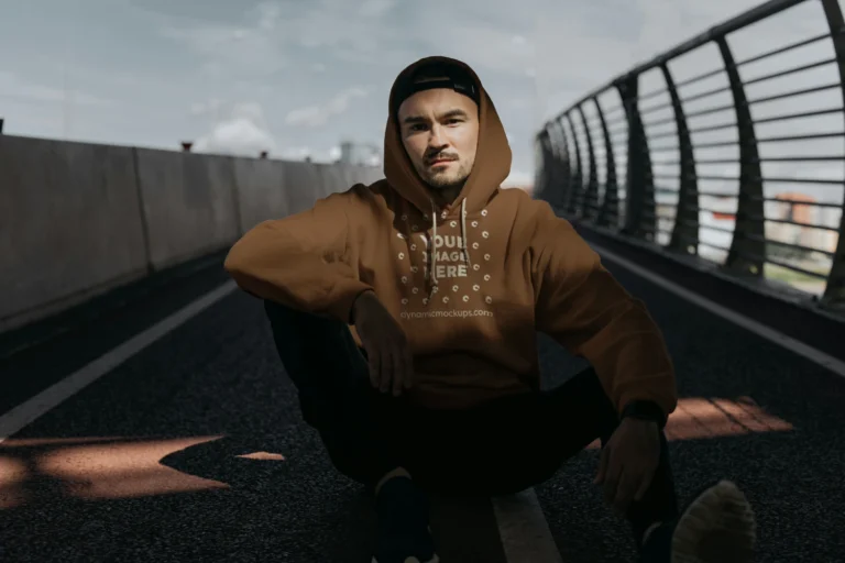 Man Wearing Brown Hoodie Mockup Front View Template