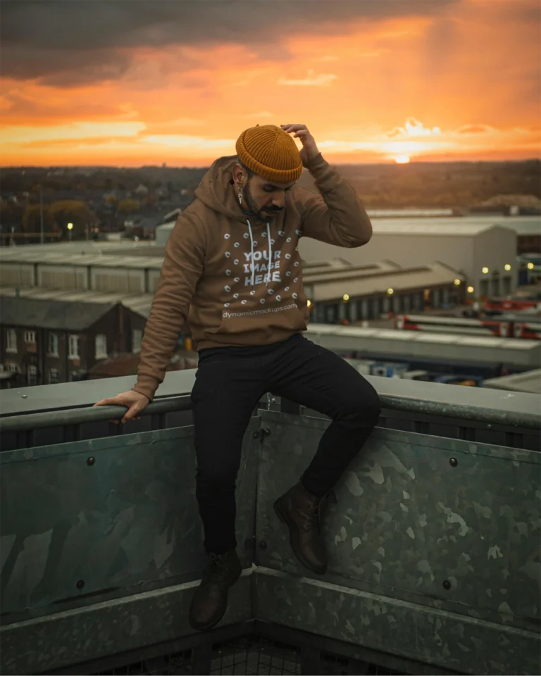Man Wearing Brown Hoodie Mockup Front View Template
