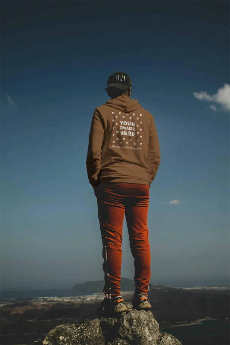 Man Wearing Brown Hoodie Mockup Back View Template
