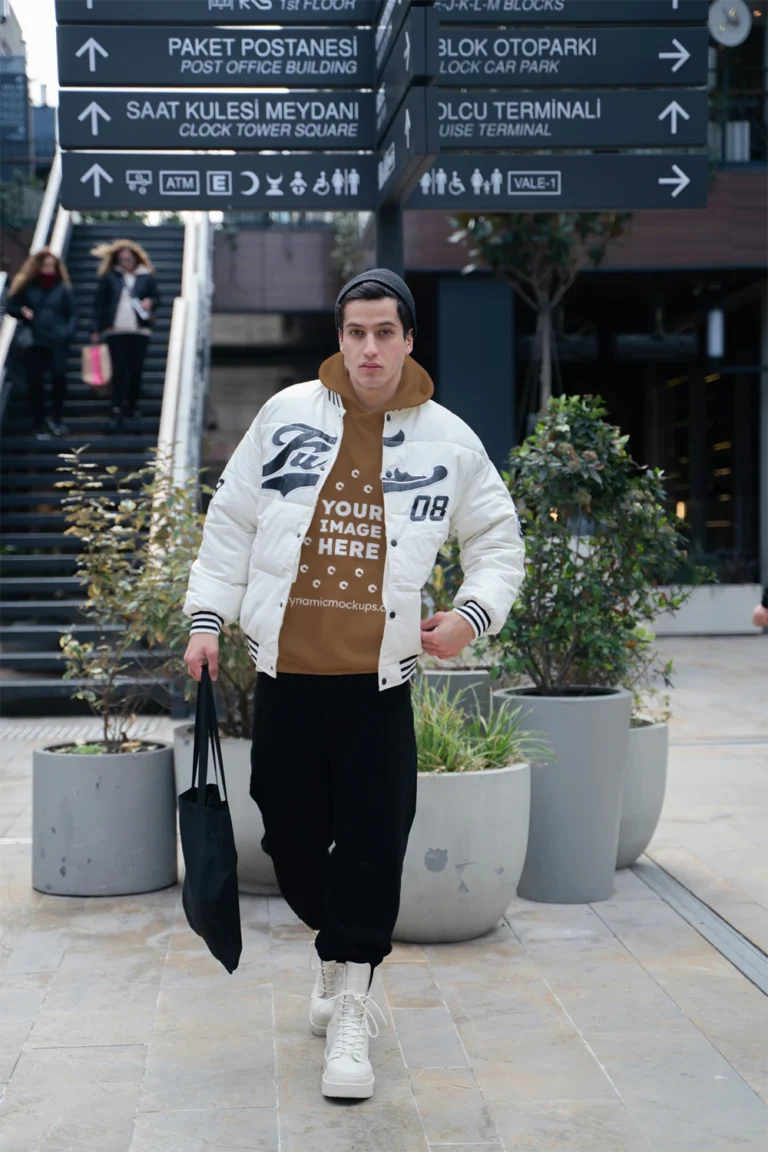 Man Wearing Brown Hoodie Mockup Front View Template