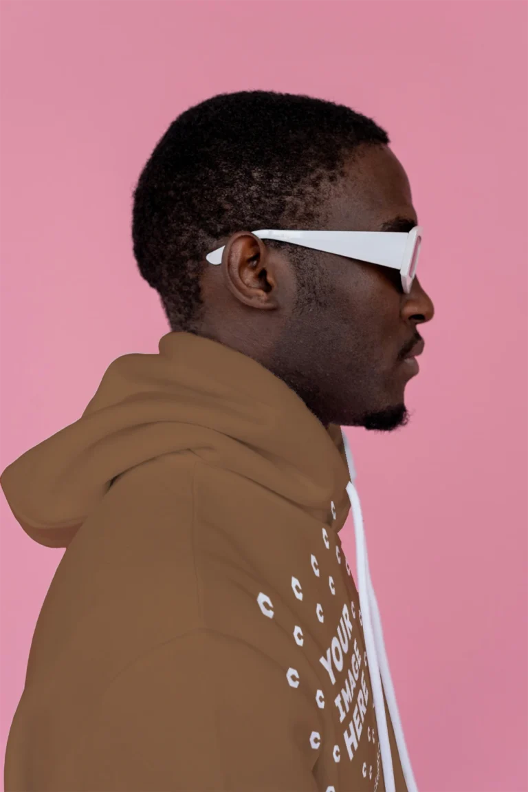 Man Wearing Brown Hoodie Mockup Side View Template