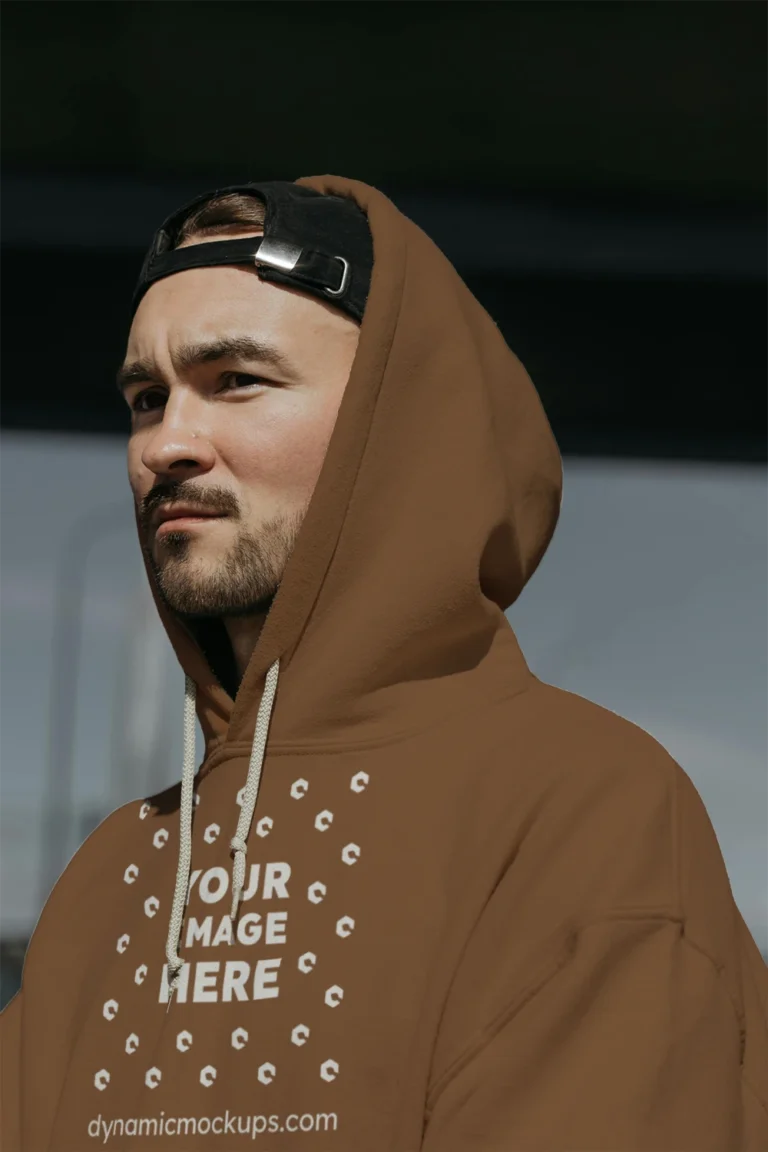 Man Wearing Brown Hoodie Mockup Front View Template