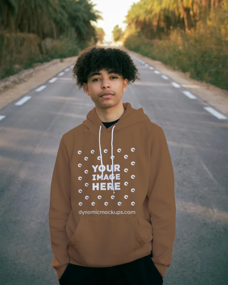 Man Wearing Brown Hoodie Mockup Front View Template