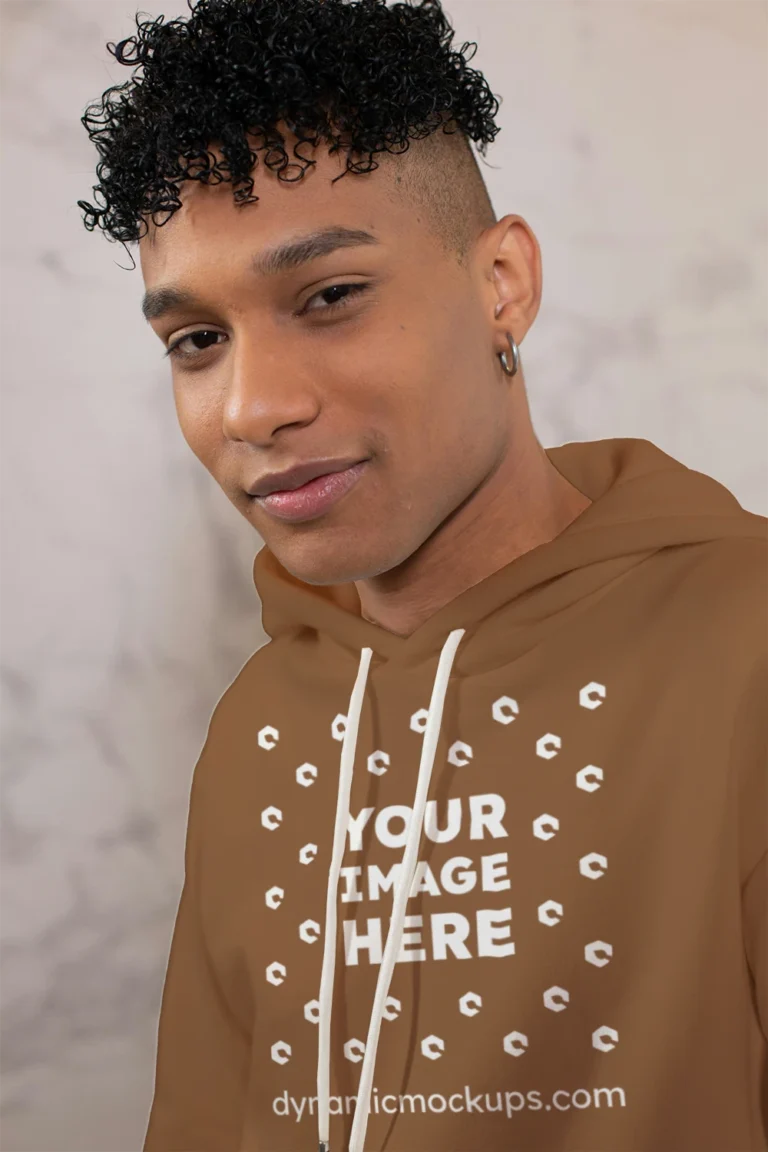Man Wearing Brown Hoodie Mockup Front View Template