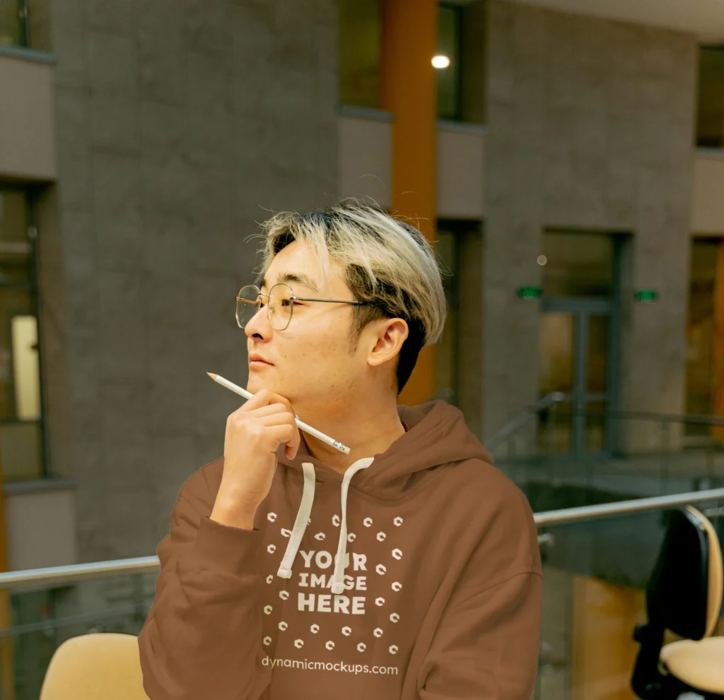 Man Wearing Brown Hoodie Mockup Front View Template