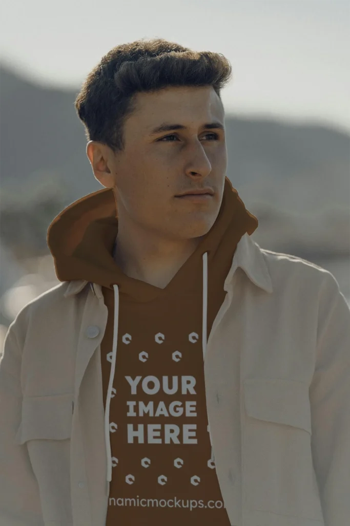 Man Wearing Brown Hoodie Mockup Front View Template