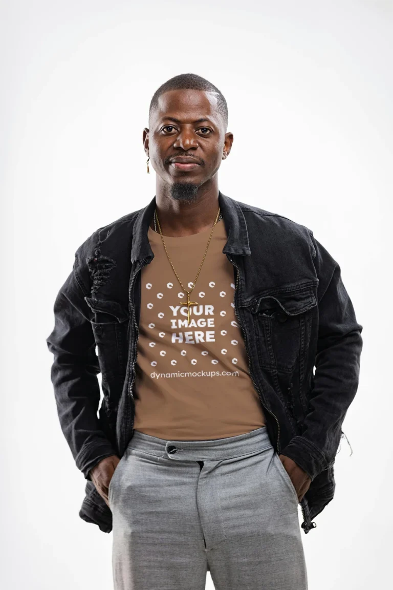 Man Wearing Brown T-shirt Mockup Front View Template
