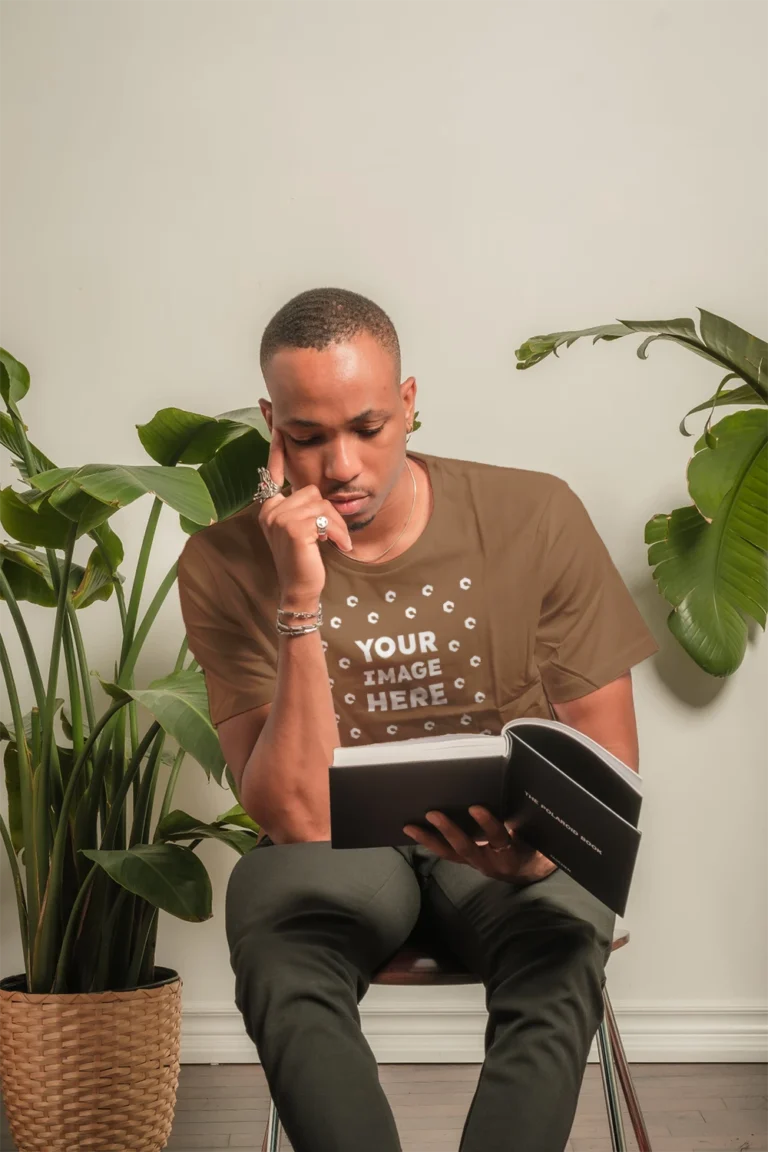Man Wearing Brown T-shirt Mockup Front View Template