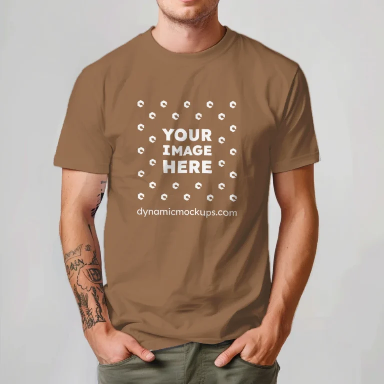 Man Wearing Brown T-shirt Mockup Front View Template