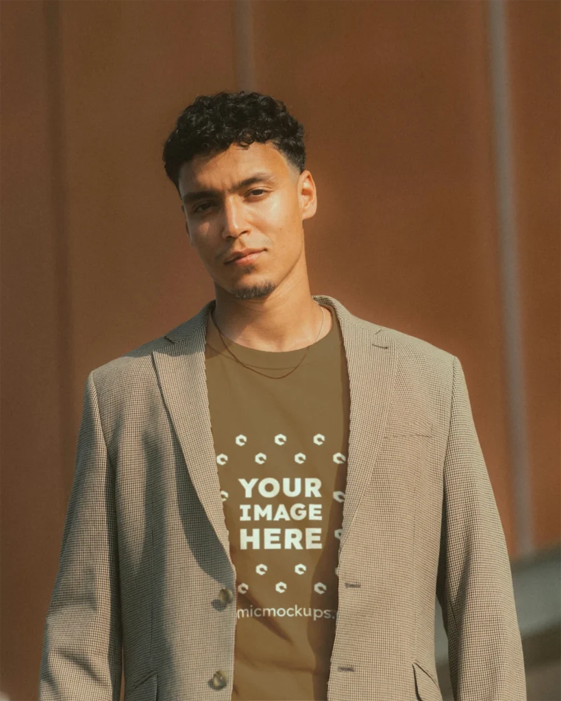 Man Wearing Brown T-shirt Mockup Front View Template