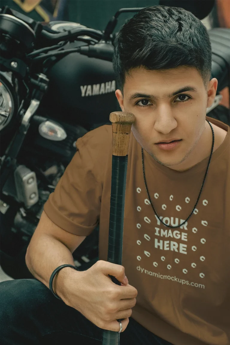 Man Wearing Brown T-shirt Mockup Front View Template