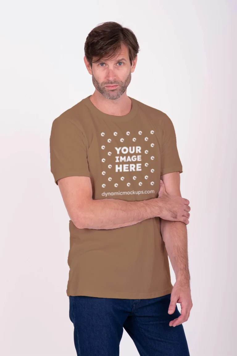 Man Wearing Brown T-shirt Mockup Front View Template