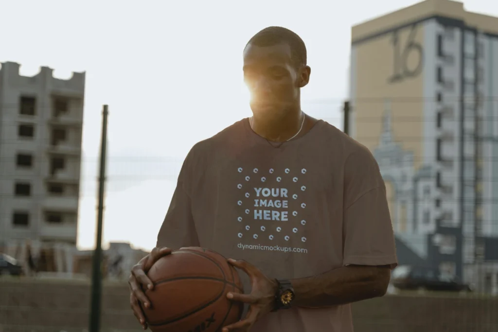 Man Wearing Brown T-shirt Mockup Front View Template