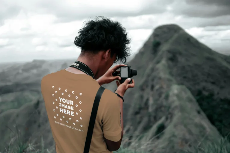 Man Wearing Brown T-shirt Mockup Back View Template