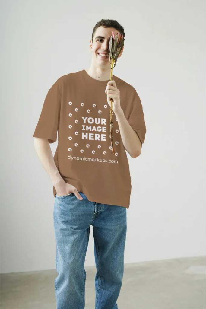 Man Wearing Brown T-shirt Mockup Front View Template