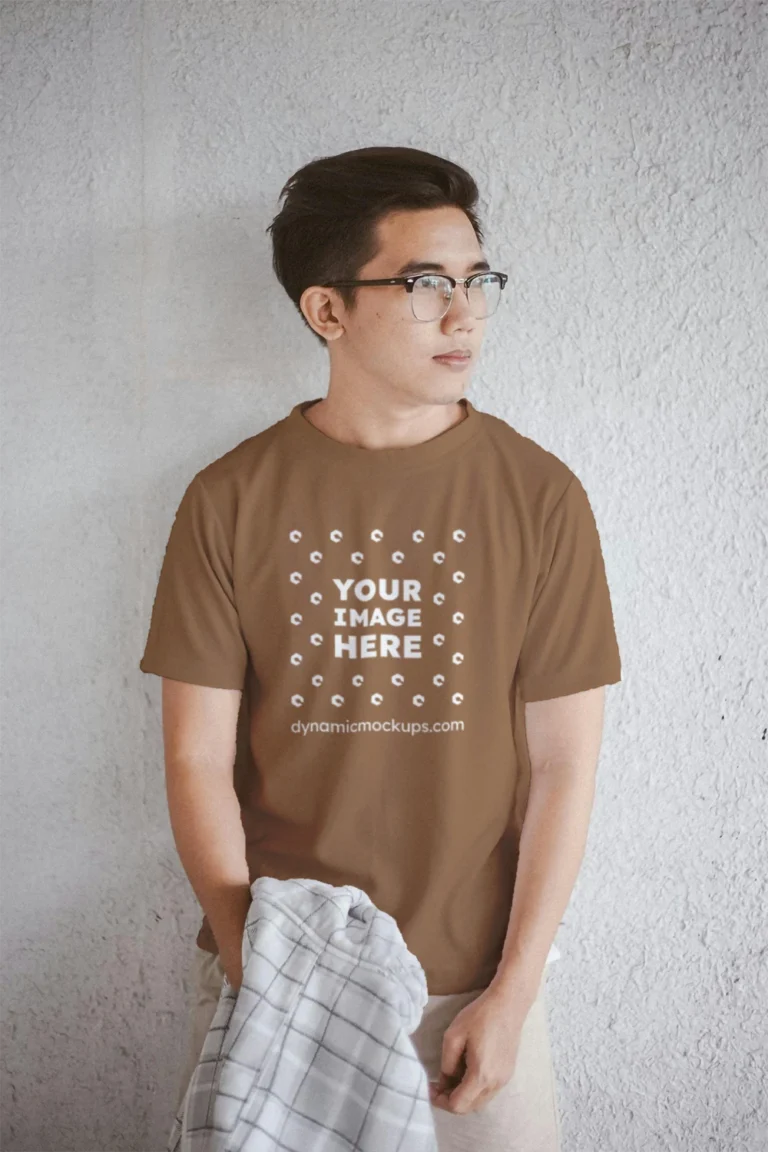 Man Wearing Brown T-shirt Mockup Front View Template