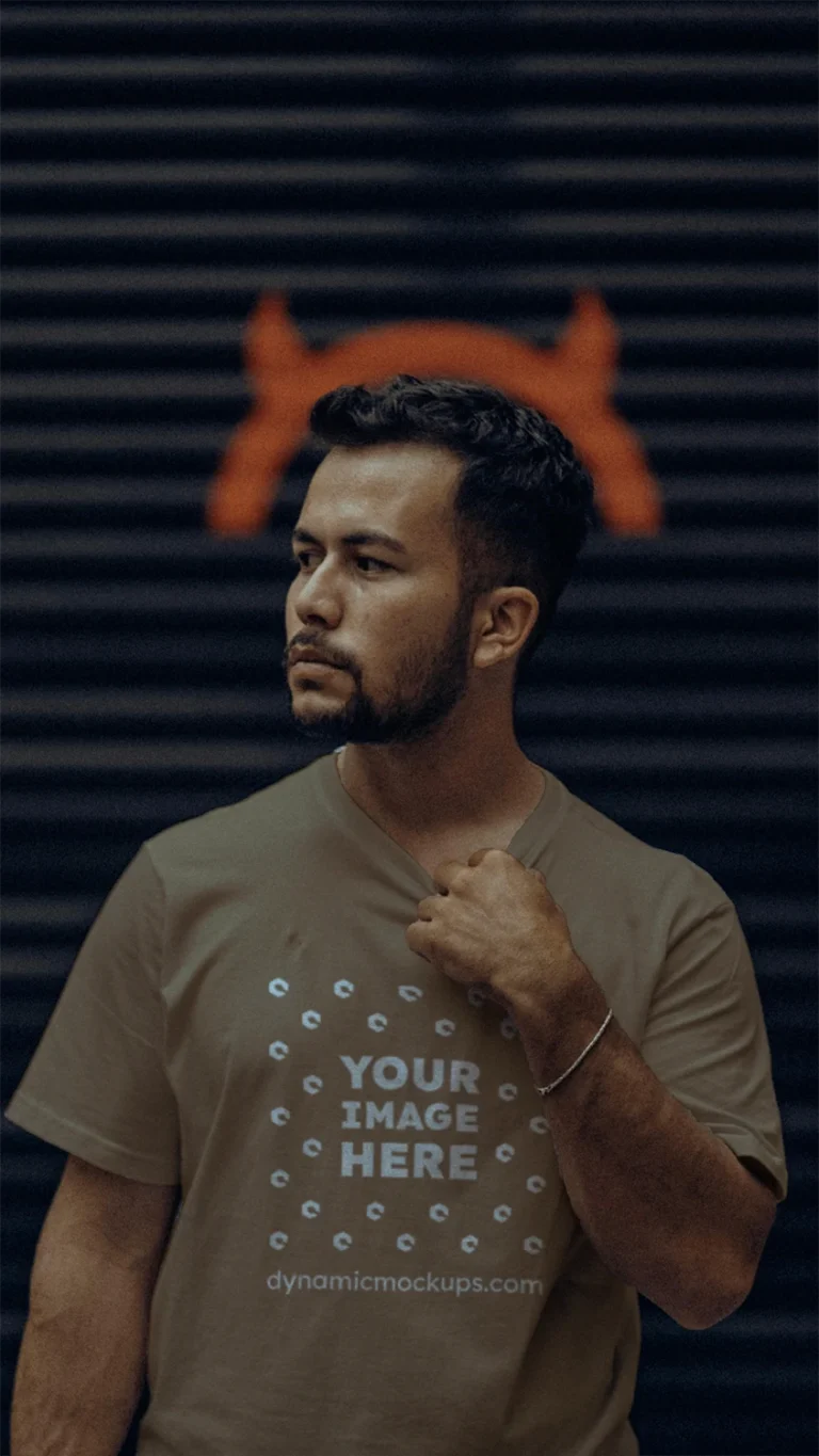 Man Wearing Brown T-shirt Mockup Front View Template
