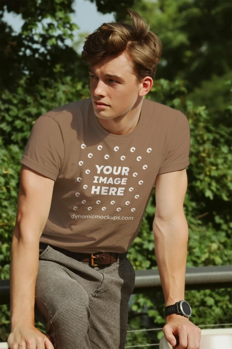 Man Wearing Brown T-shirt Mockup Front View Template