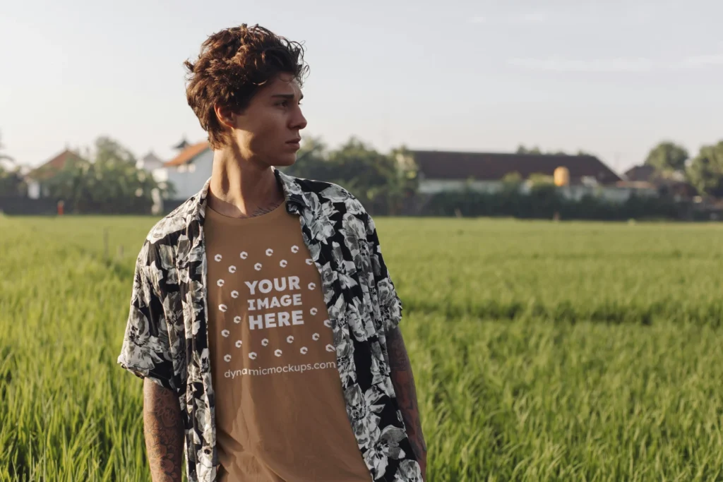 Man Wearing Brown T-shirt Mockup Front View Template