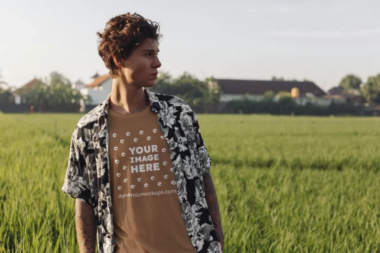 Man Wearing Brown T-shirt Mockup Front View Template