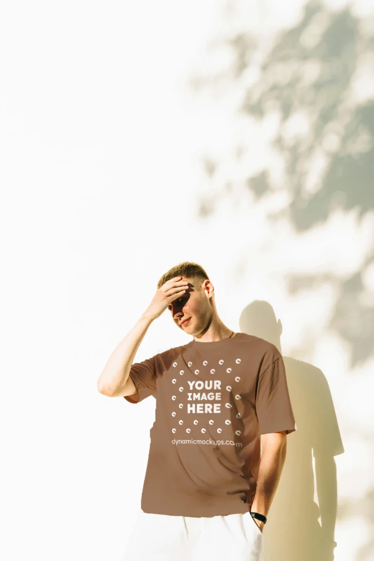 Man Wearing Brown T-shirt Mockup Front View Template