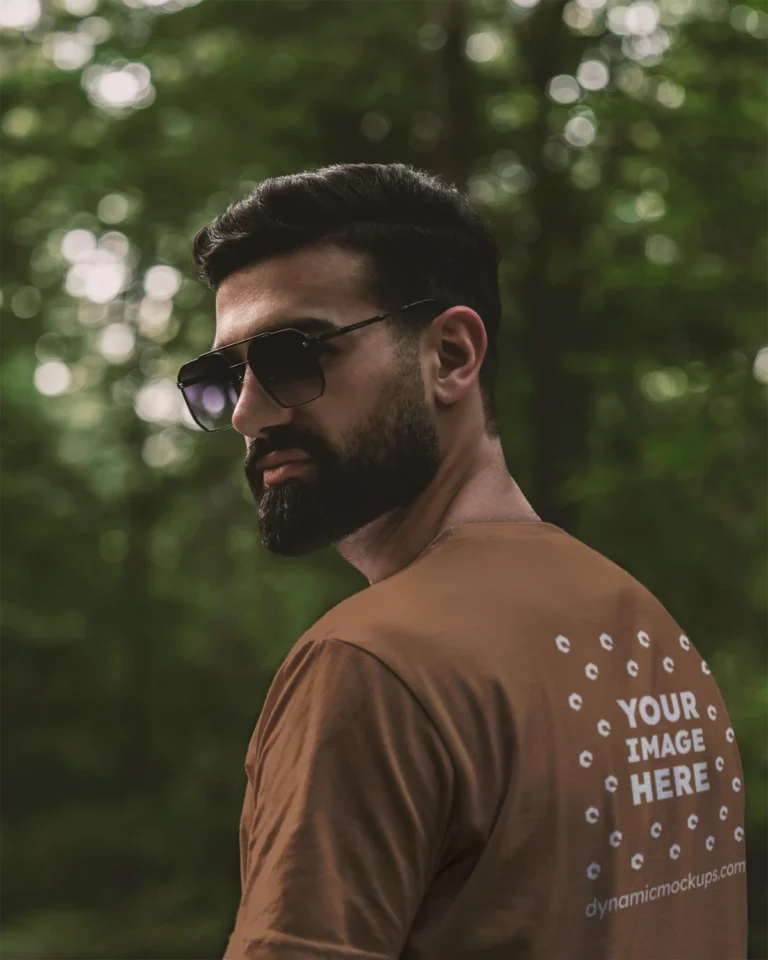 Man Wearing Brown T-shirt Mockup Back View Template