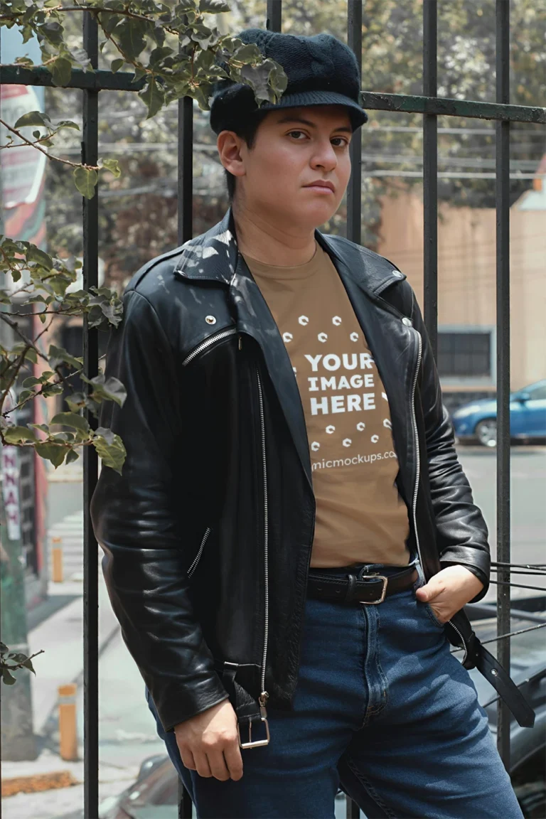 Man Wearing Brown T-shirt Mockup Front View Template