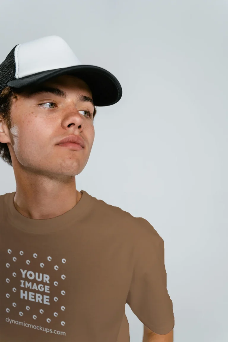 Man Wearing Brown T-shirt Mockup Front View Template