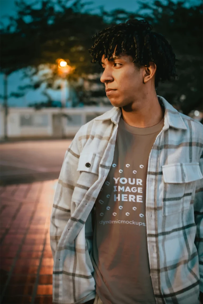 Man Wearing Brown T-shirt Mockup Front View Template