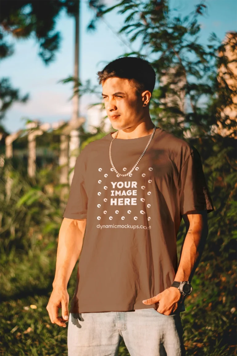 Man Wearing Brown T-shirt Mockup Front View Template