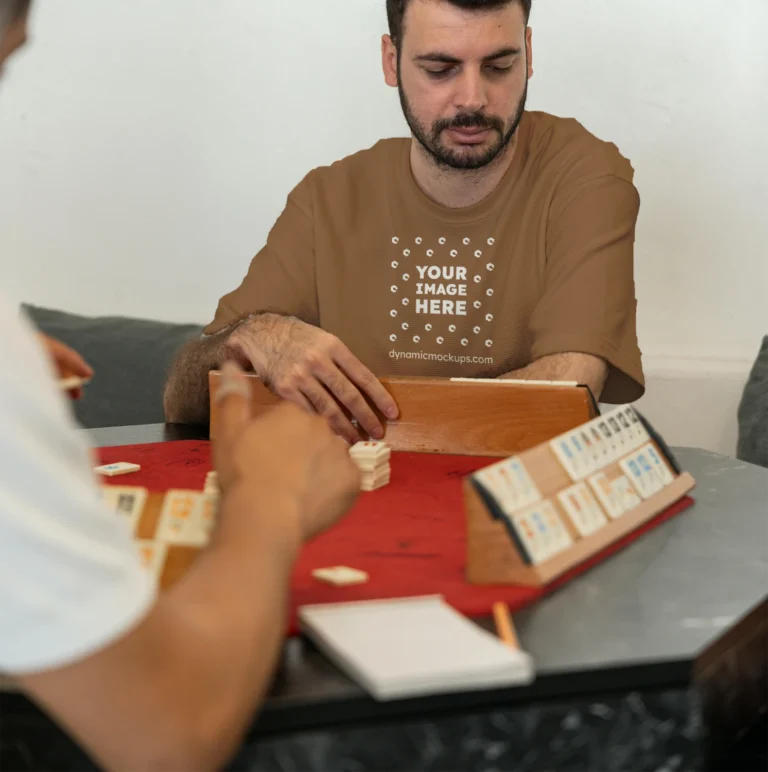 Man Wearing Brown T-shirt Mockup Front View Template