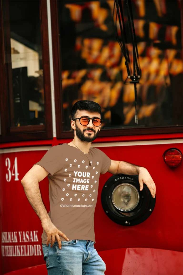 Man Wearing Brown T-shirt Mockup Front View Template