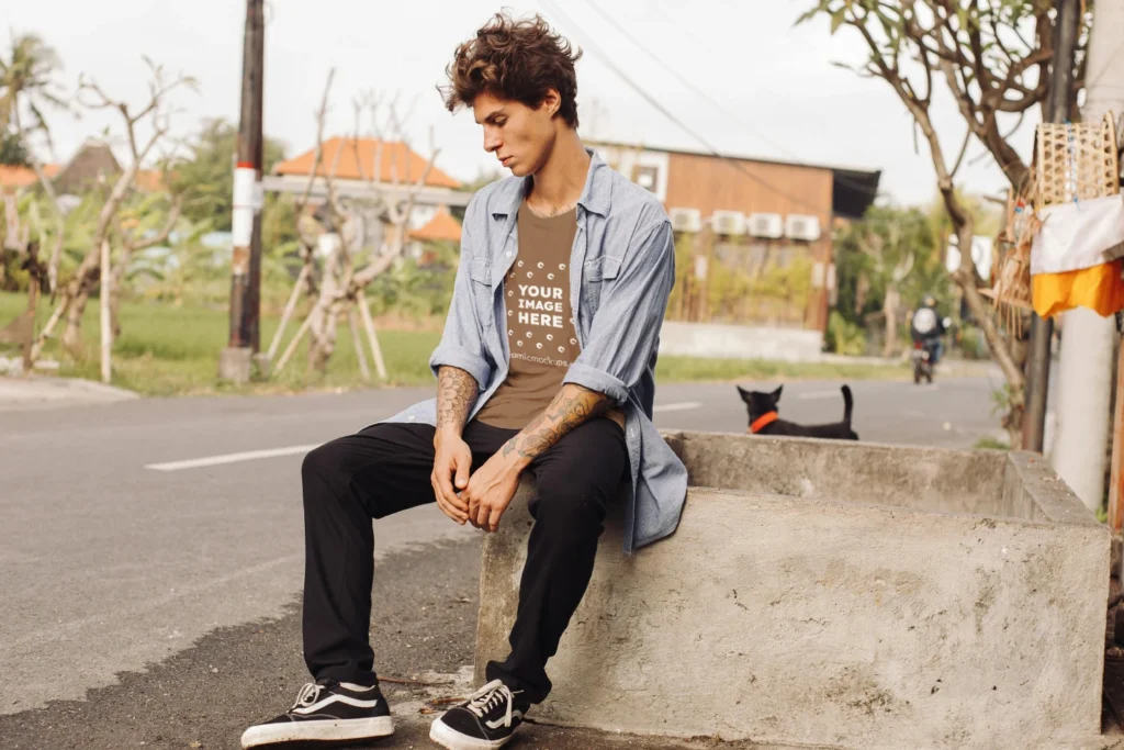Man Wearing Brown T-shirt Mockup Front View Template
