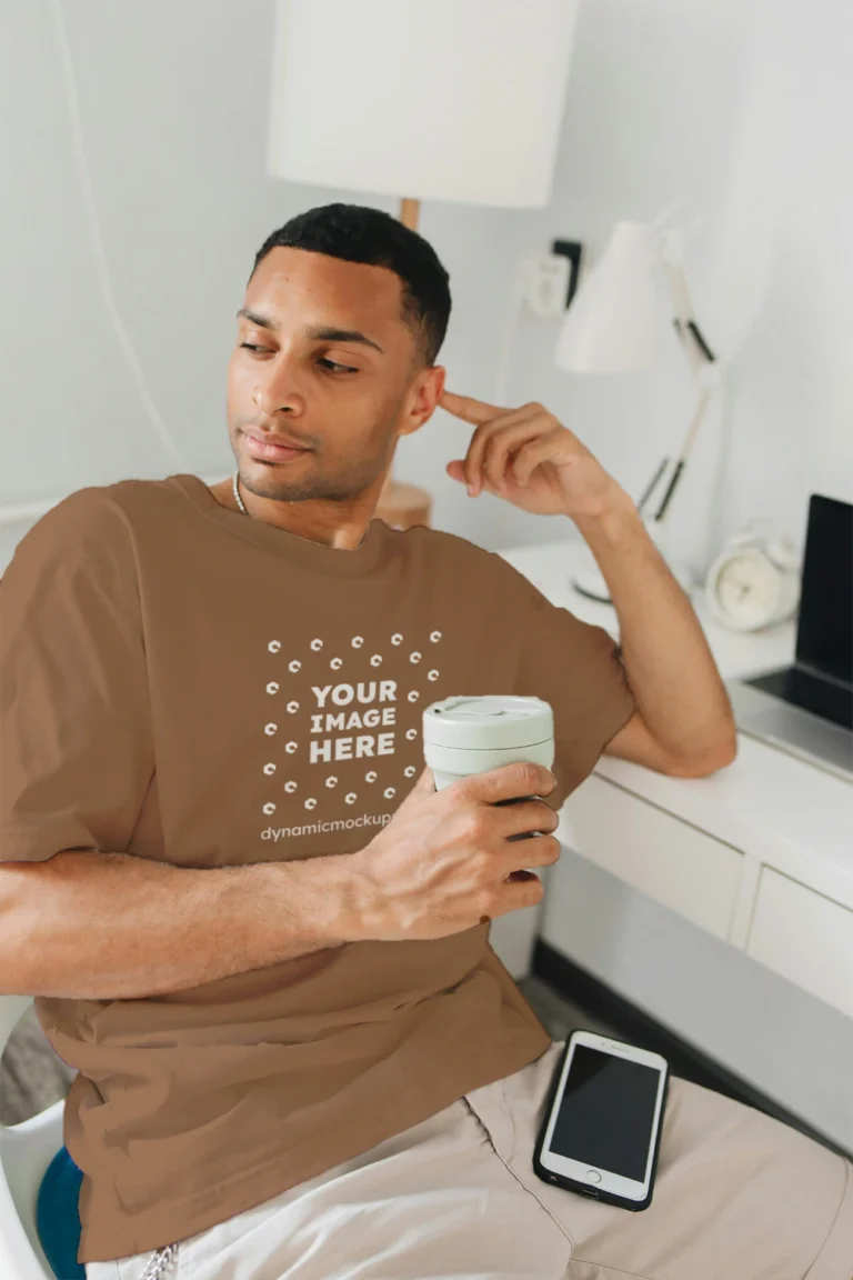 Man Wearing Brown T-shirt Mockup Front View Template
