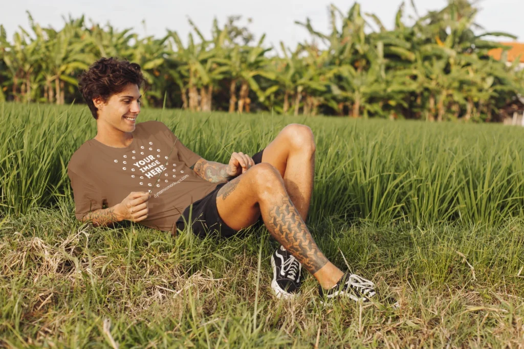 Man Wearing Brown T-shirt Mockup Front View Template
